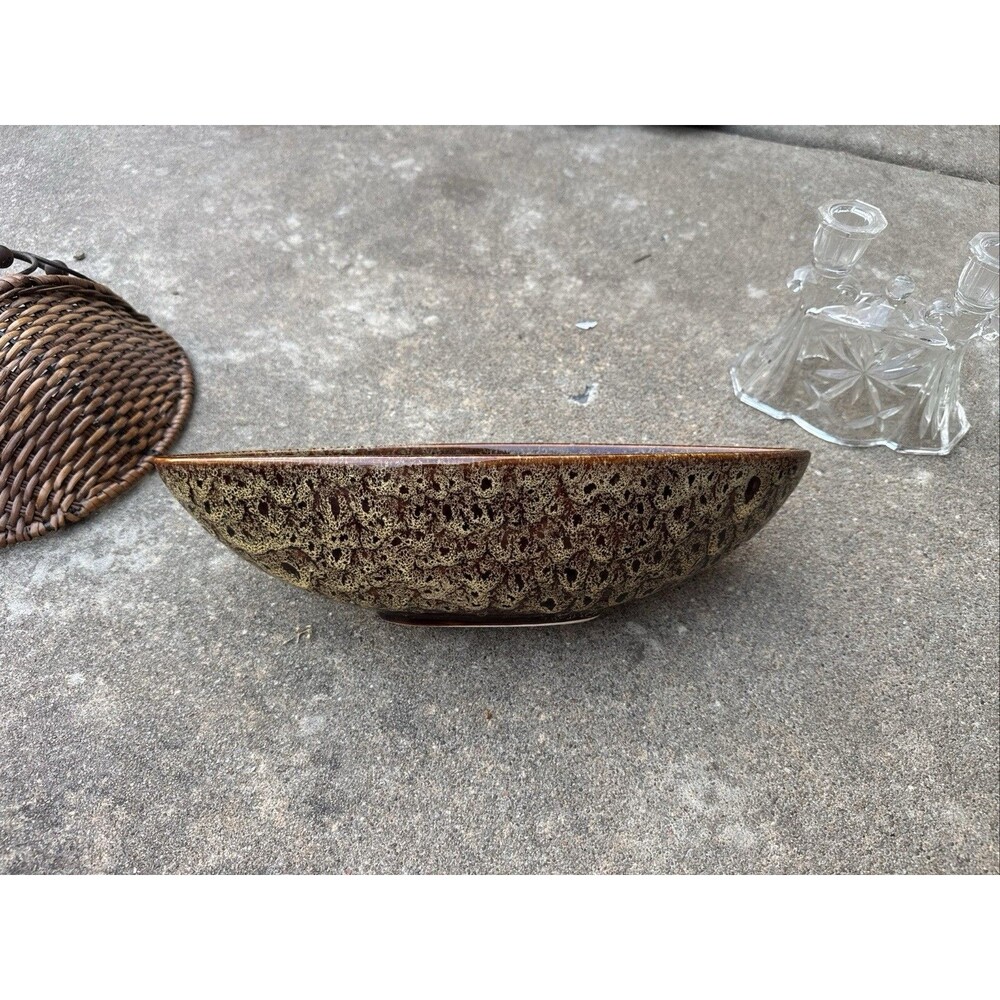 Elegant Expressions by Holsey Ceramic Oblong Bowl Brown Speckled Glazed
